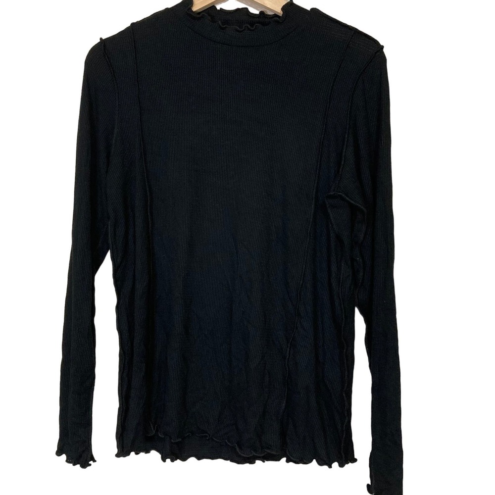A631305 LOGO LIFE by Lori Goldstein Waffle Mock Neck Top Black XS